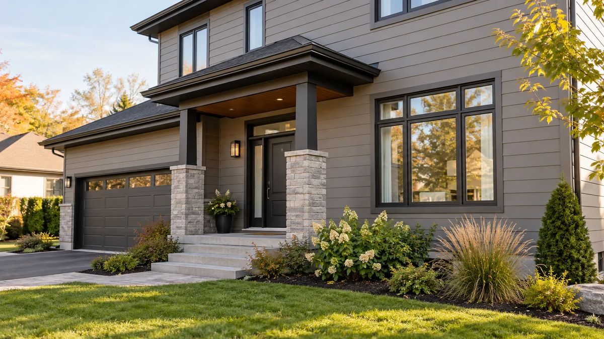Maison avec revêtement extérieur gris et entrée en pierre