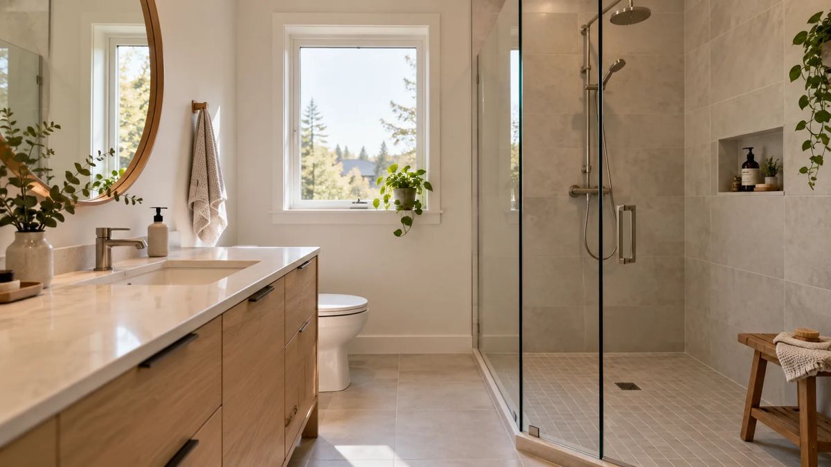 Salle de bain rénovée avec douche vitrée et vanité en bois